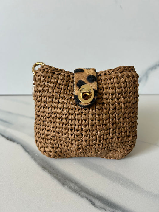 Chocolate Raffia Pouch with Leopard and Gold Closure