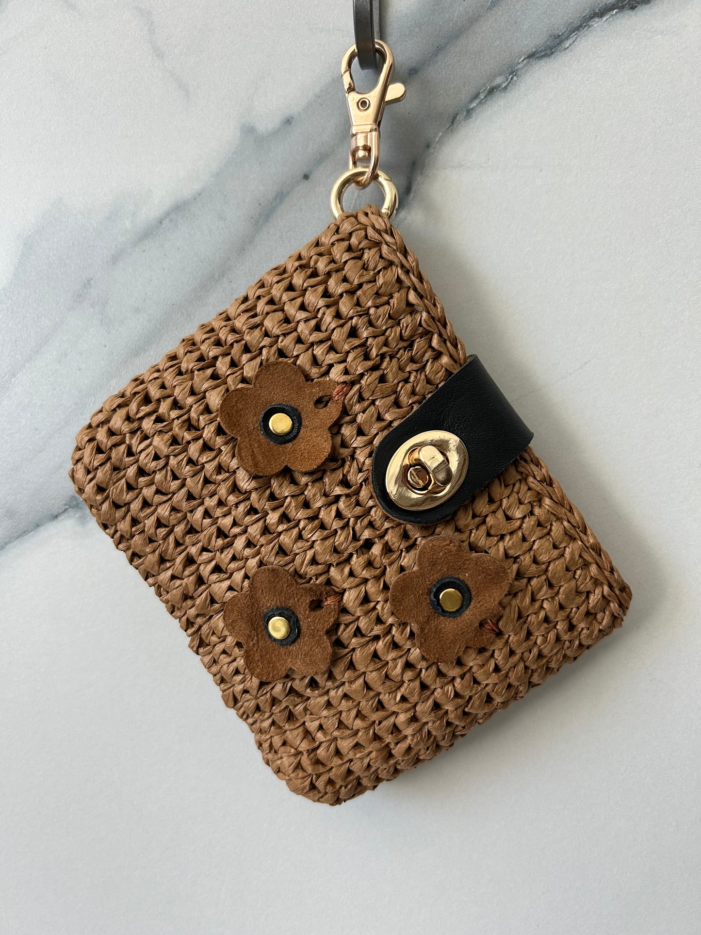 Chocolate Raffia Pouch with Brown Leather Closure and Flowers