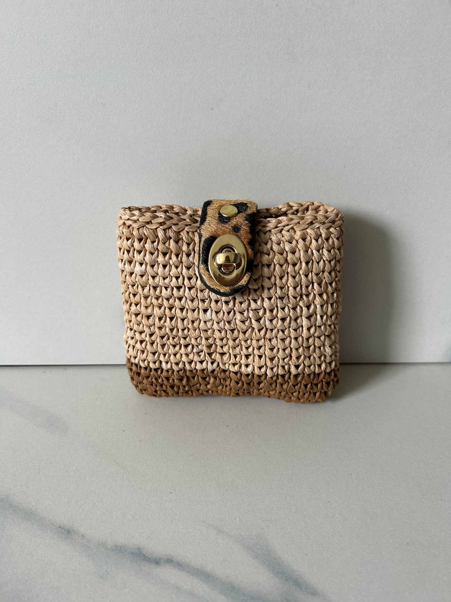 Espresso and Natural Raffia Pouch with Leopard and Gold Closure