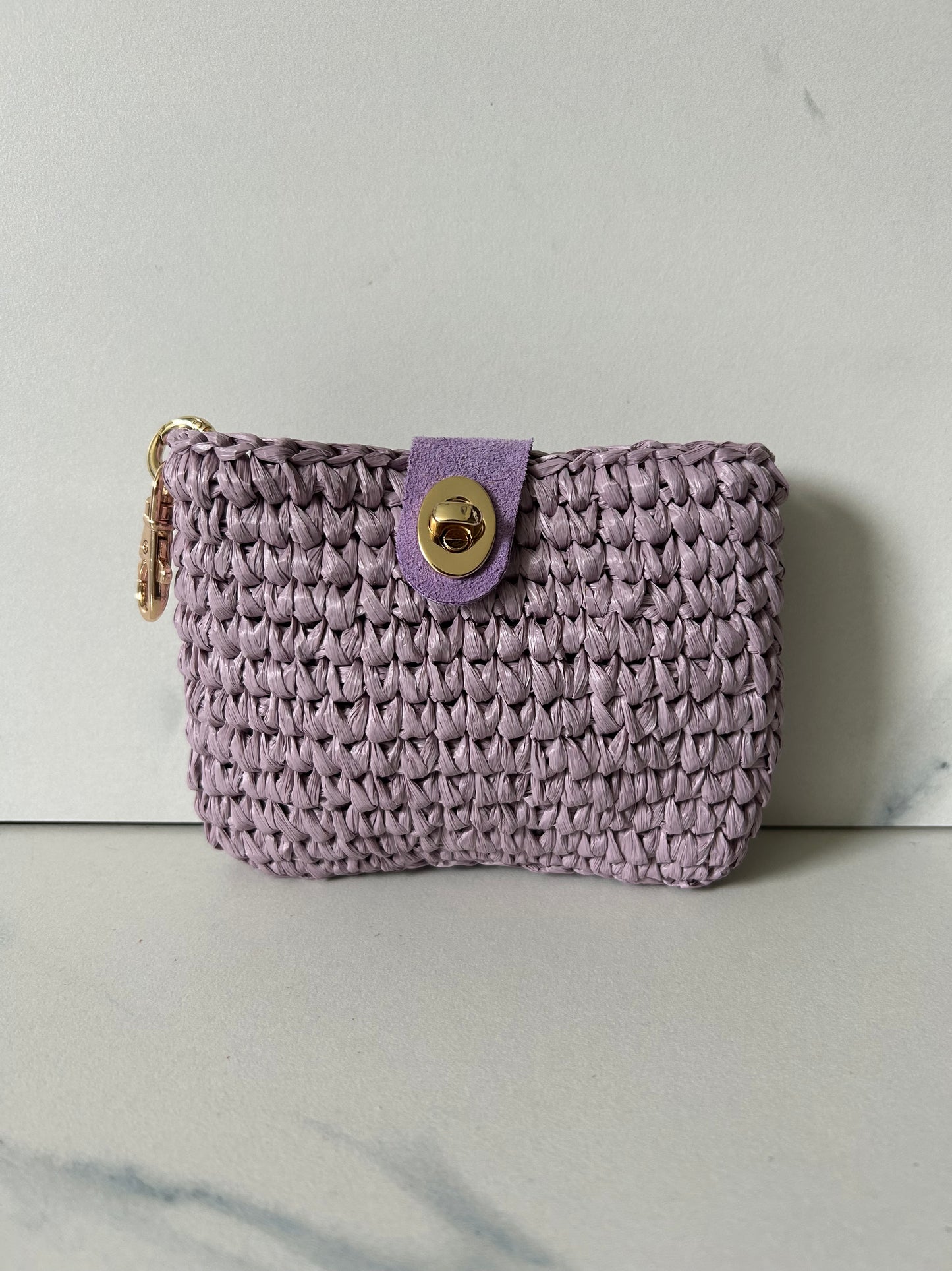 Lavender Raffia Pouch with Suede and Gold Closure