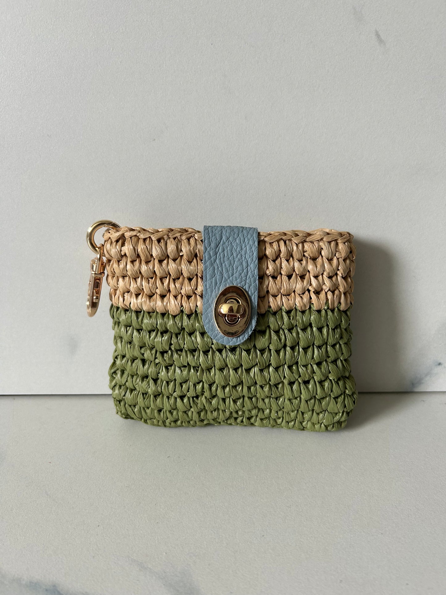 Matcha and Natural Raffia Pouch with Blue Leather and Gold Closure