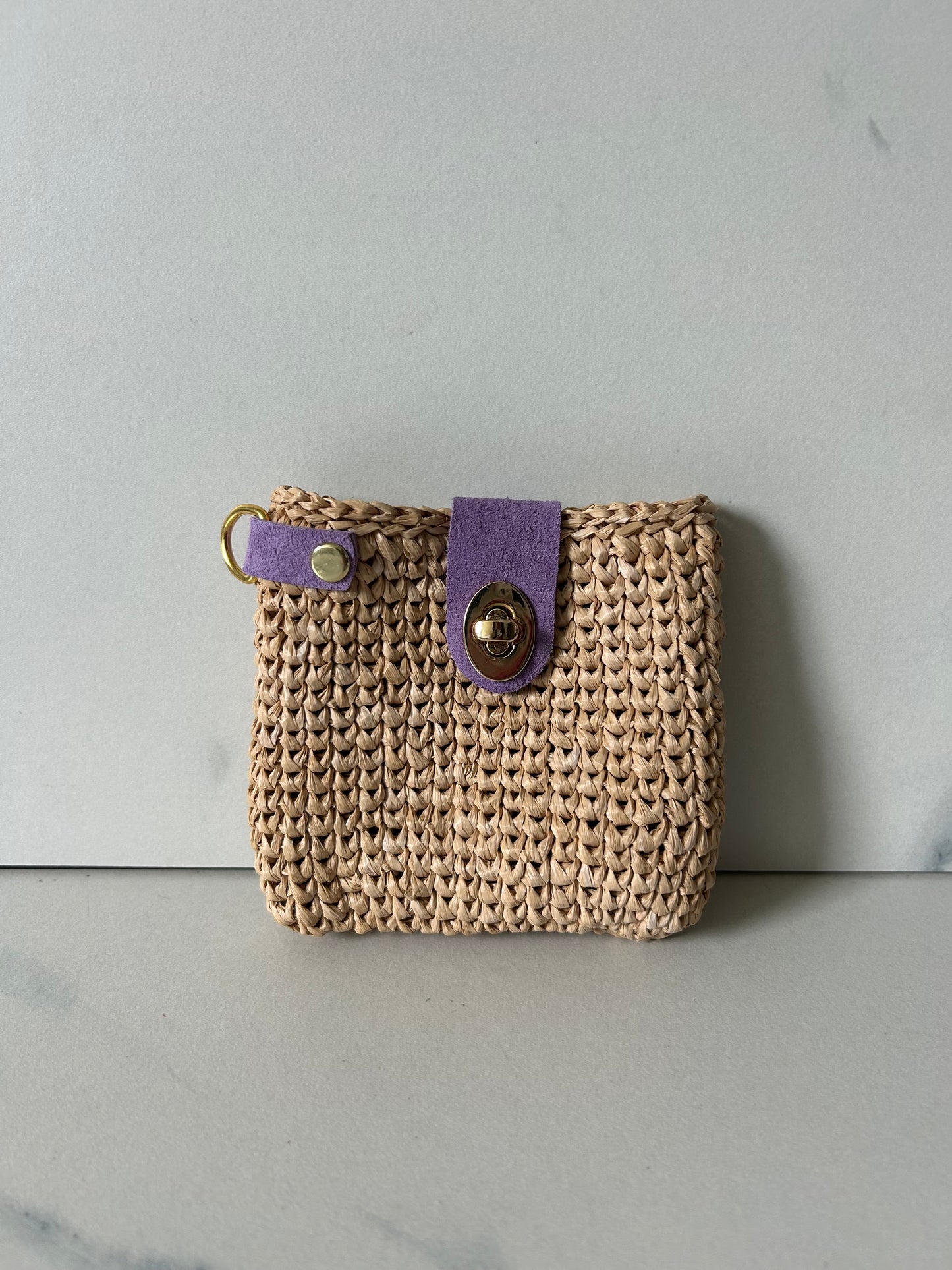 Natural Raffia Pouch with Lavender Suede and Gold Closure