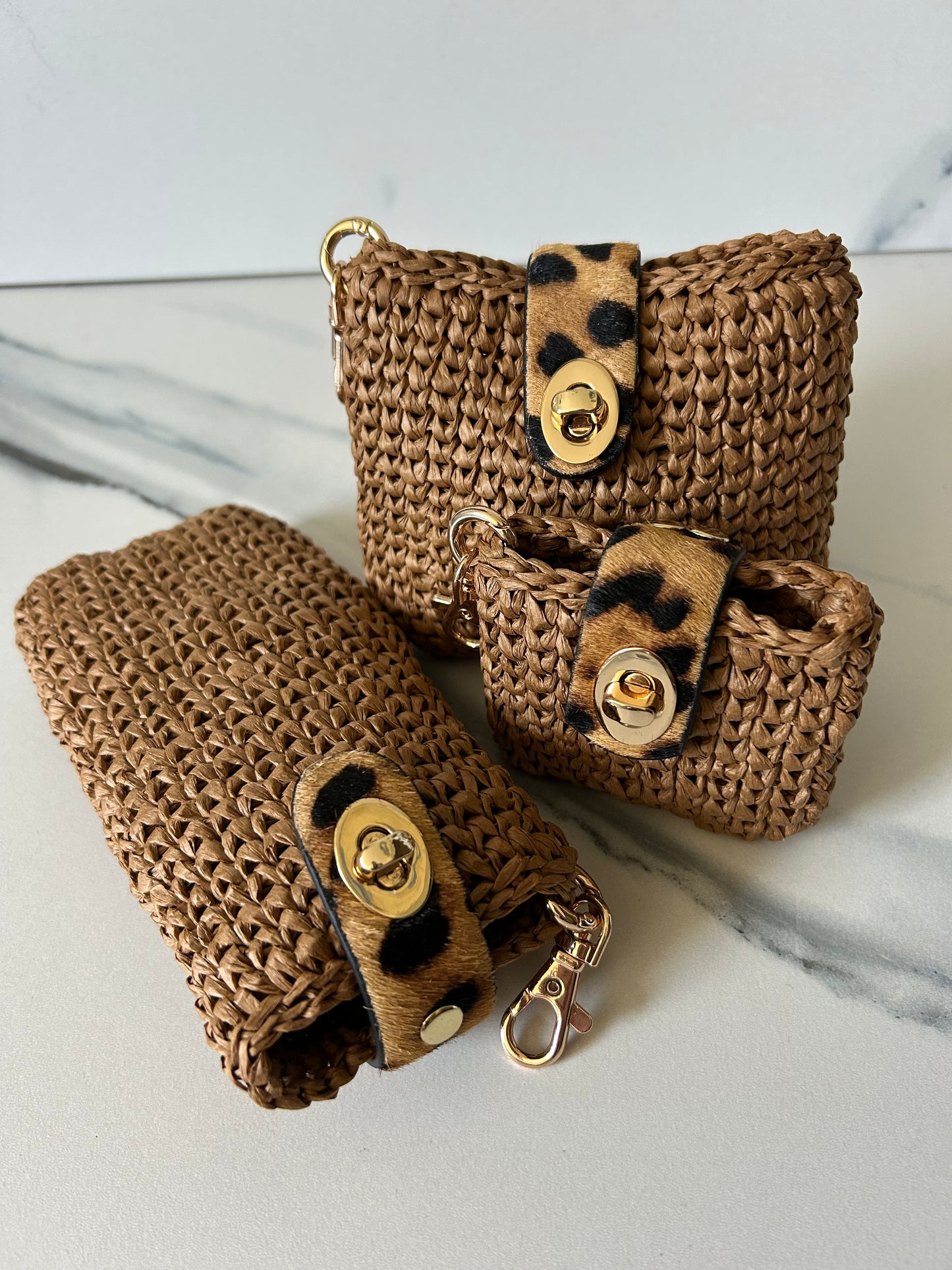Chocolate Raffia with Leopard Pouch, Air Pod and Sunnies Case Set