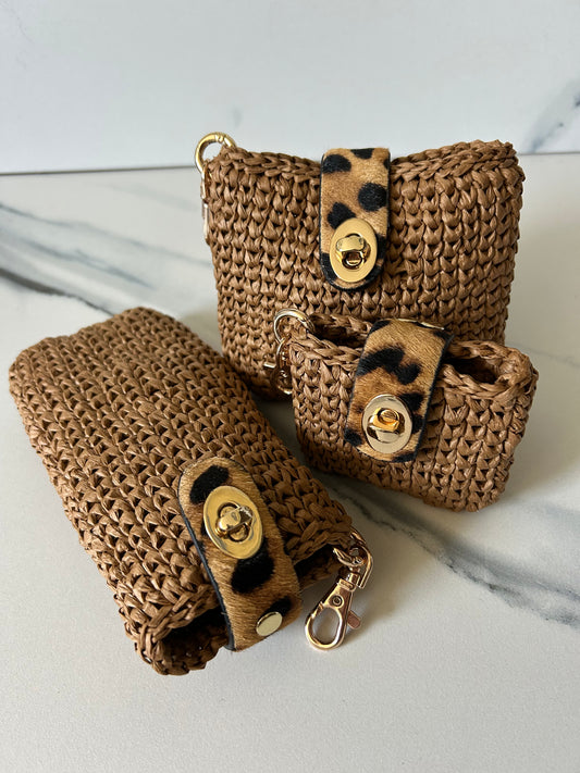 Chocolate Raffia with Leopard Pouch, Air Pod and Sunnies Case Set