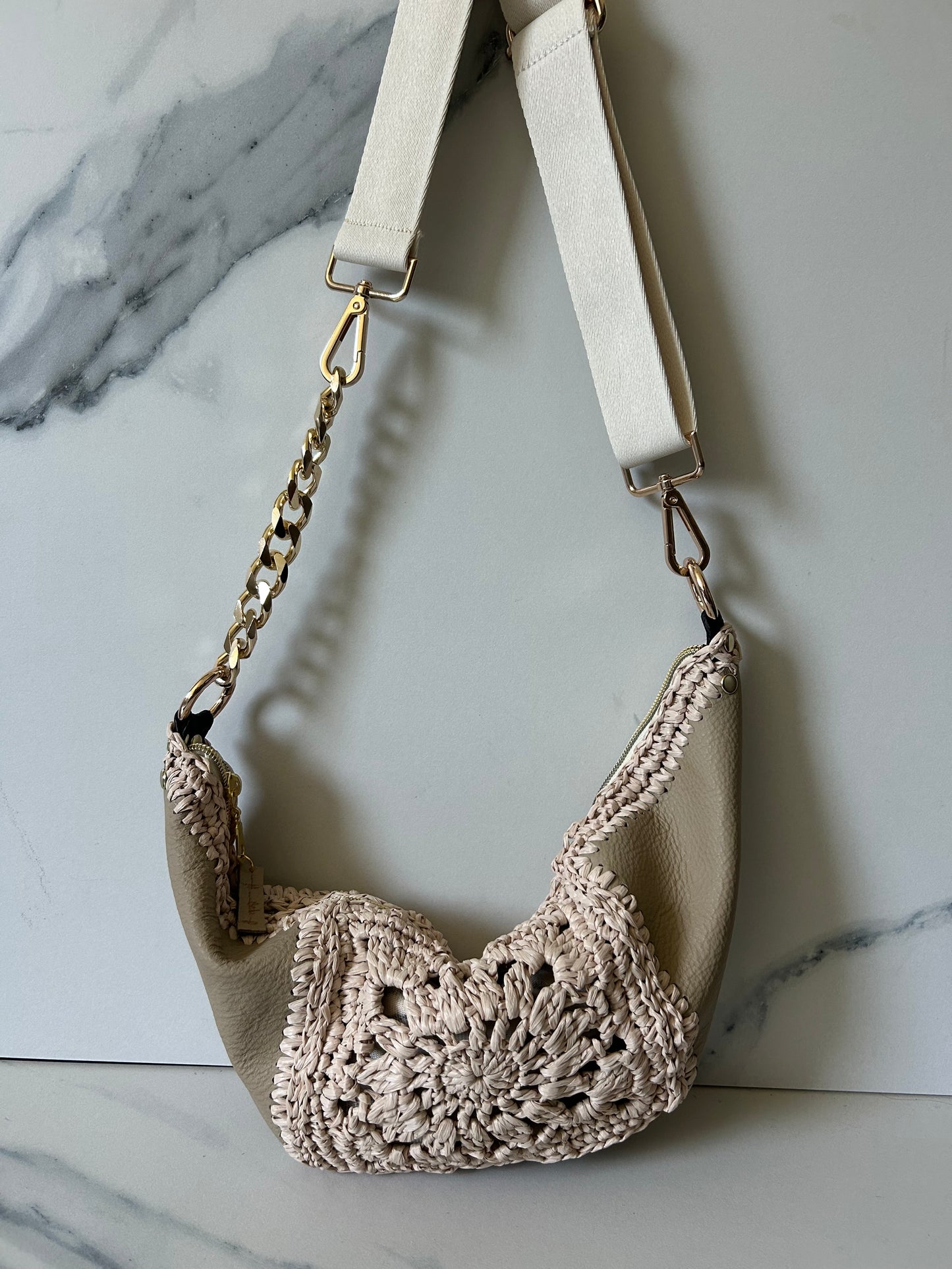 Taupe Leather and White Oak Granny Square Sling Bag