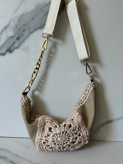 Taupe Leather and White Oak Granny Square Sling Bag